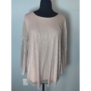 CJ Banks Plus Size 1X Metallic Ribbed Shimmer Long Sleeve Top Blouse Rose‎ Gold
